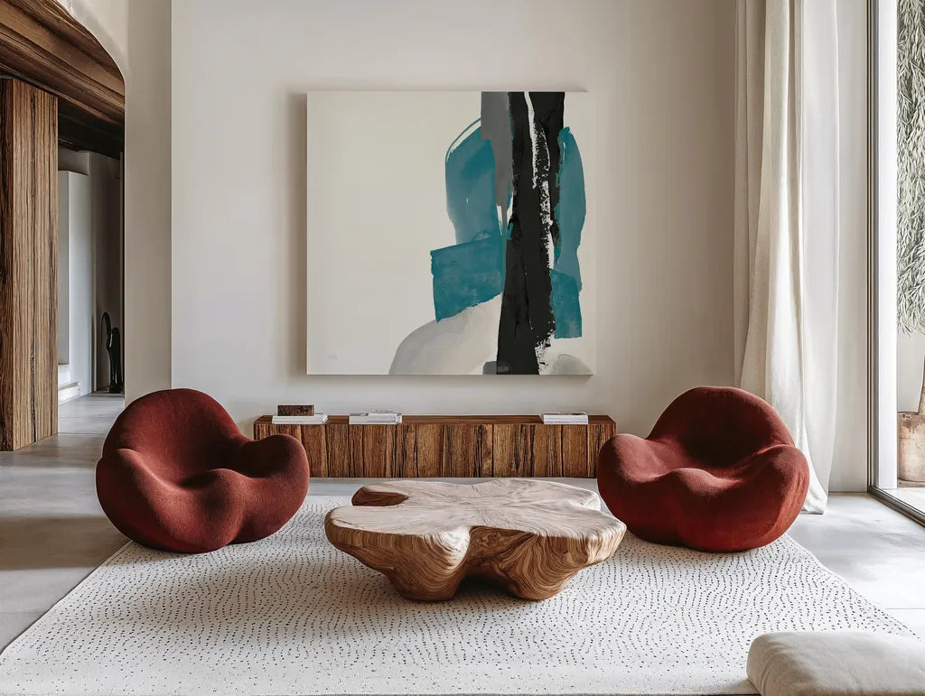 Black and Teal I by Chris Paschke. Shown as extra-large giant wall art in a modern living room. Available as an archival giclee rolled canvas, fine art paper, or poster print. SKU 34091a.