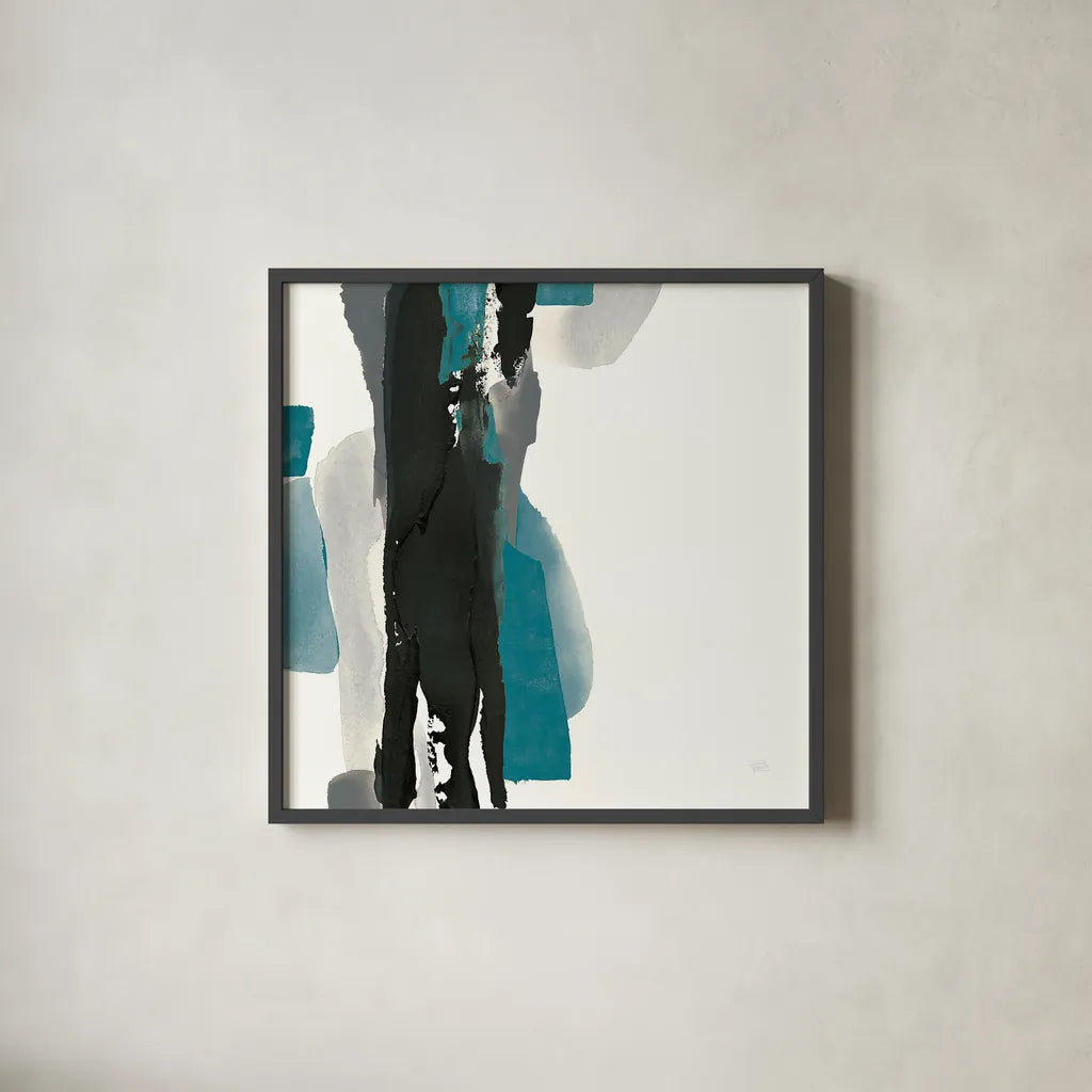 Black and Teal II by Chris Paschke. Shown in a sleek black glass frame for a contemporary gallery look. Available as an archival giclee rolled canvas, fine art paper, or poster print. SKU 34092a.
