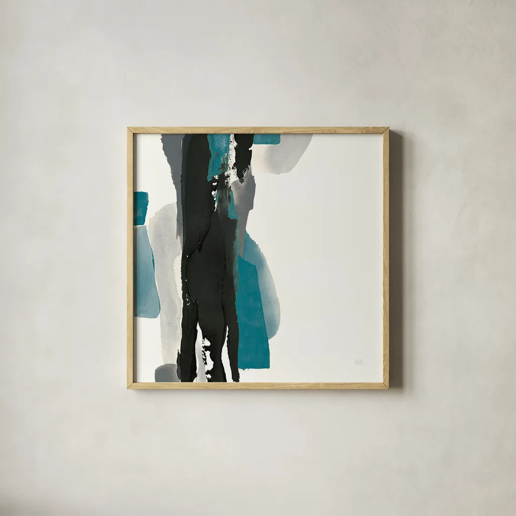 Black and Teal II by Chris Paschke. Shown in a natural wood glass frame for a timeless modern aesthetic. Available as an archival giclee rolled canvas, fine art paper, or poster print. SKU 34092a.