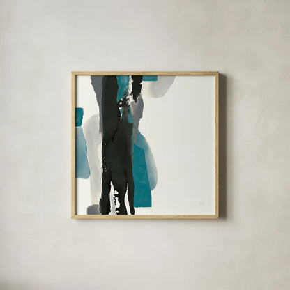 Black and Teal II by Chris Paschke. Shown in a natural wood glass frame for a timeless modern aesthetic. Available as an archival giclee rolled canvas, fine art paper, or poster print. SKU 34092a.