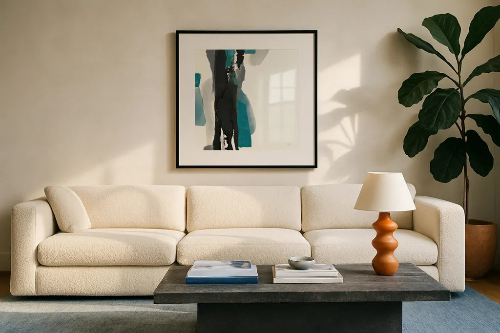 Black and Teal II by Chris Paschke. Displayed in a glass frame with matte in a clean modern living room. Available as an archival giclee rolled canvas, fine art paper, or poster print. SKU 34092a.