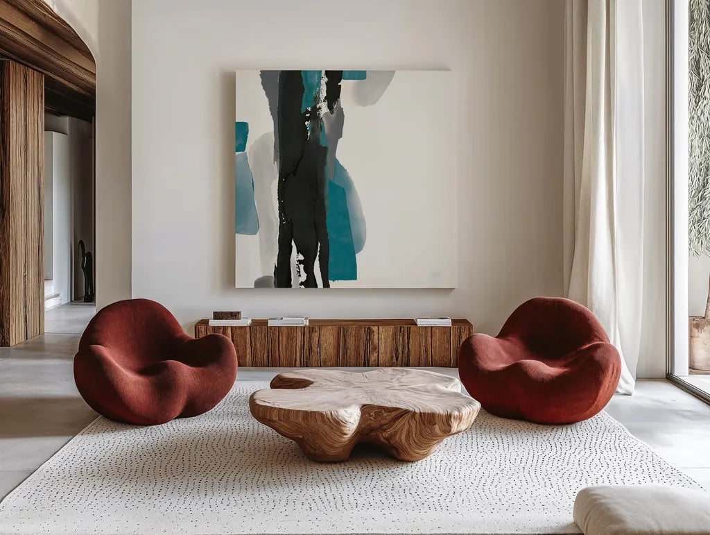 Black and Teal II by Chris Paschke. Shown as extra-large giant wall art in a modern living room. Available as an archival giclee rolled canvas, fine art paper, or poster print. SKU 34092a.