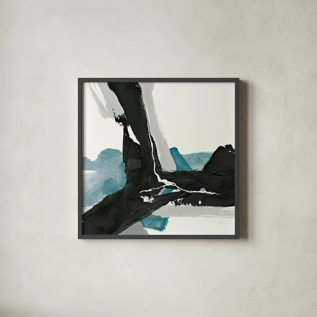 Black and Teal III by Chris Paschke. Shown in a sleek black glass frame for a contemporary gallery look. Available as an archival giclee rolled canvas, fine art paper, or poster print. SKU 34093a.