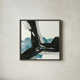 Black and Teal III by Chris Paschke. Shown in a sleek black glass frame for a contemporary gallery look. Available as an archival giclee rolled canvas, fine art paper, or poster print. SKU 34093a.
