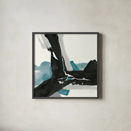 Black and Teal III by Chris Paschke. Shown in a sleek black glass frame for a contemporary gallery look. Available as an archival giclee rolled canvas, fine art paper, or poster print. SKU 34093a.