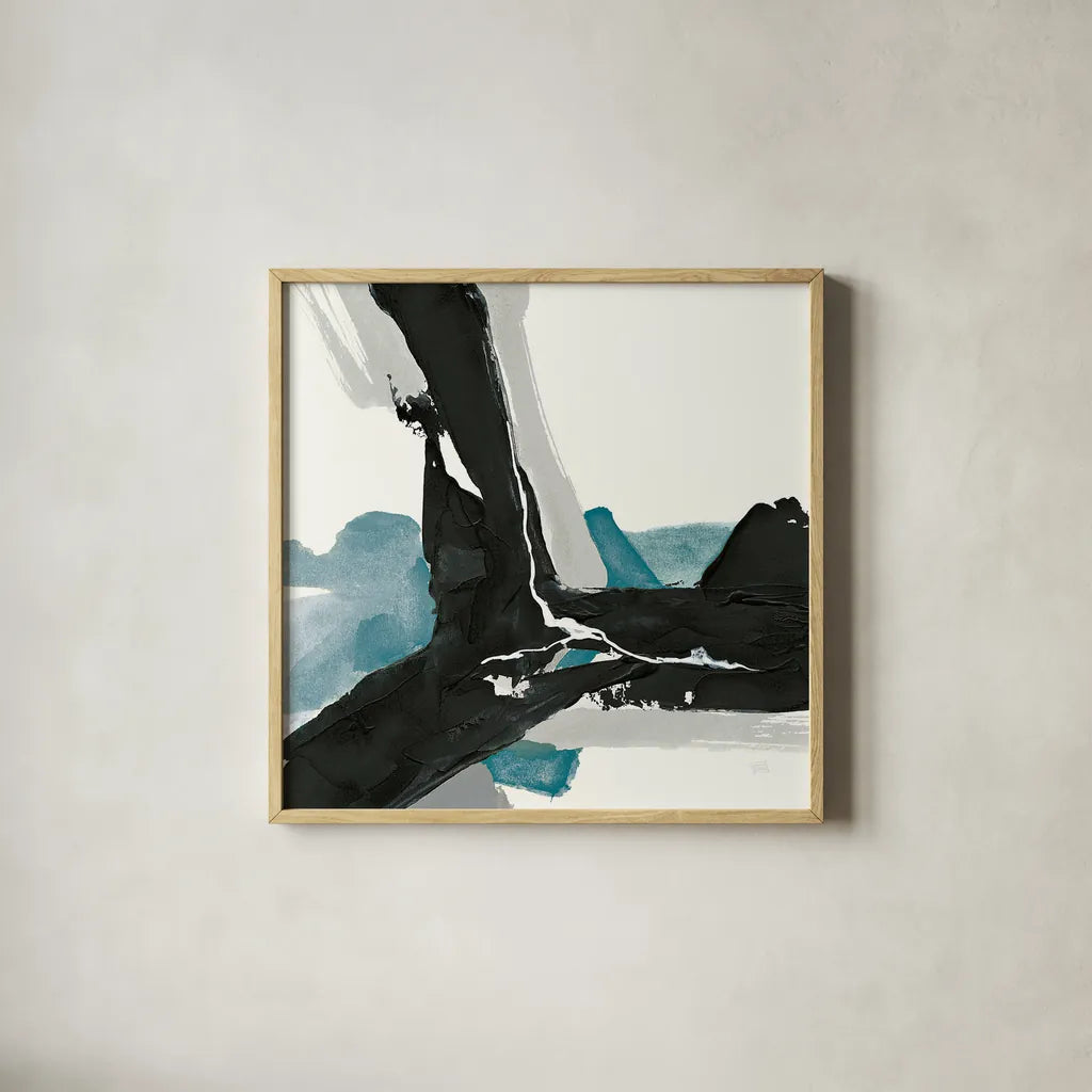 Black and Teal III by Chris Paschke. Shown in a natural wood glass frame for a timeless modern aesthetic. Available as an archival giclee rolled canvas, fine art paper, or poster print. SKU 34093a.