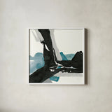 Black and Teal III by Chris Paschke. Shown in a crisp white glass frame for a clean and minimalist style. Available as an archival giclee rolled canvas, fine art paper, or poster print. SKU 34093a.