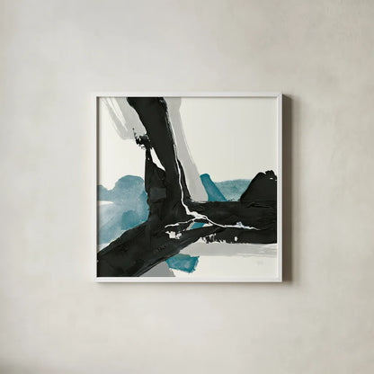 Black and Teal III by Chris Paschke. Shown in a crisp white glass frame for a clean and minimalist style. Available as an archival giclee rolled canvas, fine art paper, or poster print. SKU 34093a.