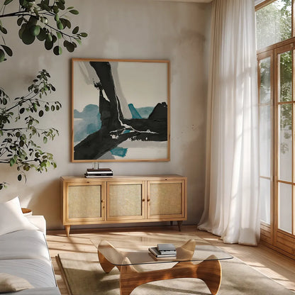 Black and Teal III by Chris Paschke. Shown in a natural wood frame in a cozy modern living room. Available as an archival giclee rolled canvas, fine art paper, or poster print. SKU 34093a.