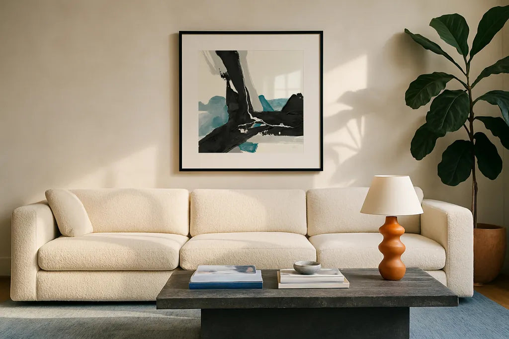 Black and Teal III by Chris Paschke. Displayed in a glass frame with matte in a clean modern living room. Available as an archival giclee rolled canvas, fine art paper, or poster print. SKU 34093a.