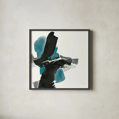 Black and Teal IV by Chris Paschke. Shown in a sleek black glass frame for a contemporary gallery look. Available as an archival giclee rolled canvas, fine art paper, or poster print. SKU 34094a.