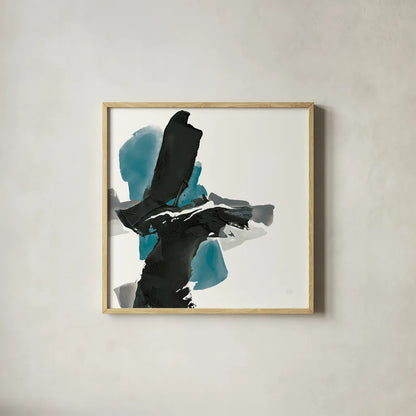 Black and Teal IV by Chris Paschke. Shown in a natural wood glass frame for a timeless modern aesthetic. Available as an archival giclee rolled canvas, fine art paper, or poster print. SKU 34094a.