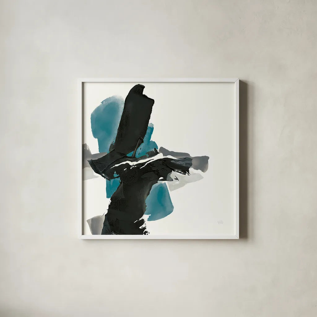 Black and Teal IV by Chris Paschke. Shown in a crisp white glass frame for a clean and minimalist style. Available as an archival giclee rolled canvas, fine art paper, or poster print. SKU 34094a.