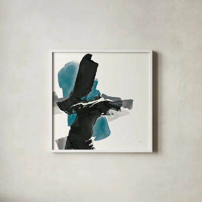 Black and Teal IV by Chris Paschke. Shown in a crisp white glass frame for a clean and minimalist style. Available as an archival giclee rolled canvas, fine art paper, or poster print. SKU 34094a.