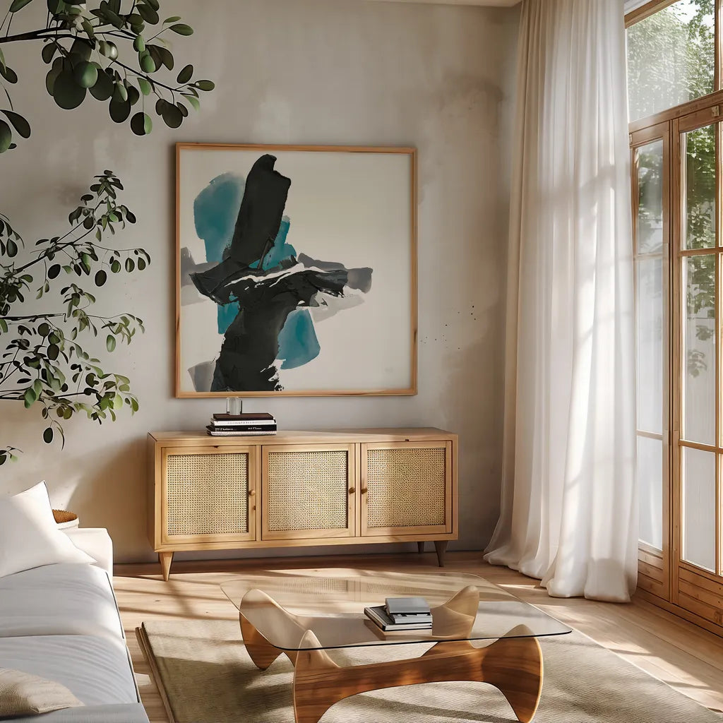 Black and Teal IV by Chris Paschke. Shown in a natural wood frame in a cozy modern living room. Available as an archival giclee rolled canvas, fine art paper, or poster print. SKU 34094a.