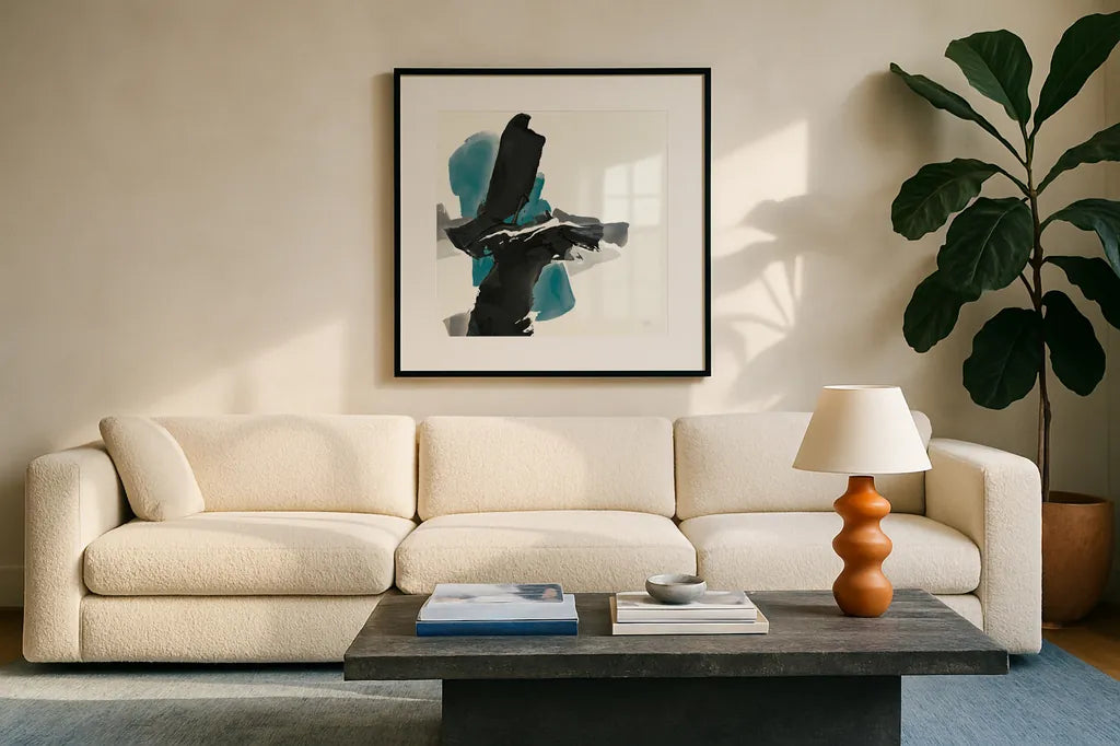 Black and Teal IV by Chris Paschke. Displayed in a glass frame with matte in a clean modern living room. Available as an archival giclee rolled canvas, fine art paper, or poster print. SKU 34094a.