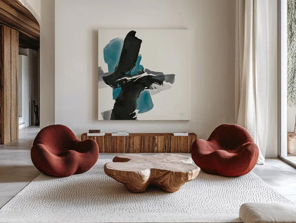 Black and Teal IV by Chris Paschke. Shown as extra-large giant wall art in a modern living room. Available as an archival giclee rolled canvas, fine art paper, or poster print. SKU 34094a.