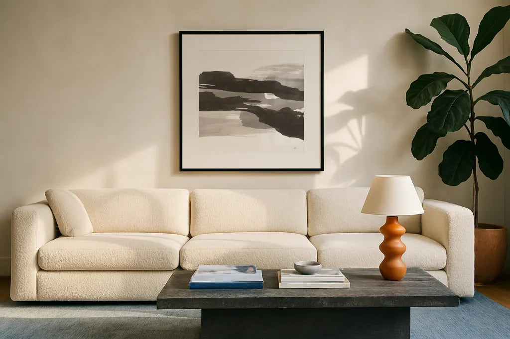 Black and White Classic III by Chris Paschke. Displayed in a glass frame with matte in a clean modern living room. Available as an archival giclee rolled canvas, fine art paper, or poster print. SKU 71874a.