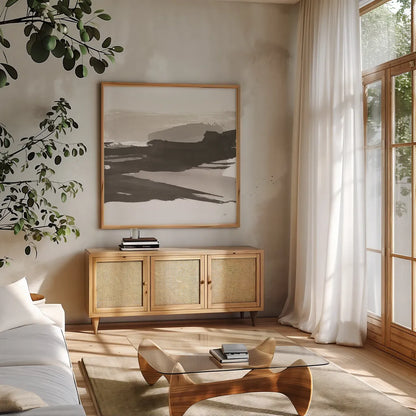 Black and White Classic IV by Chris Paschke. Shown in a natural wood frame in a cozy modern living room. Available as an archival giclee rolled canvas, fine art paper, or poster print. SKU 71875a.