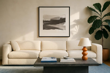 Black and White Classic IV by Chris Paschke. Displayed in a glass frame with matte in a clean modern living room. Available as an archival giclee rolled canvas, fine art paper, or poster print. SKU 71875a.