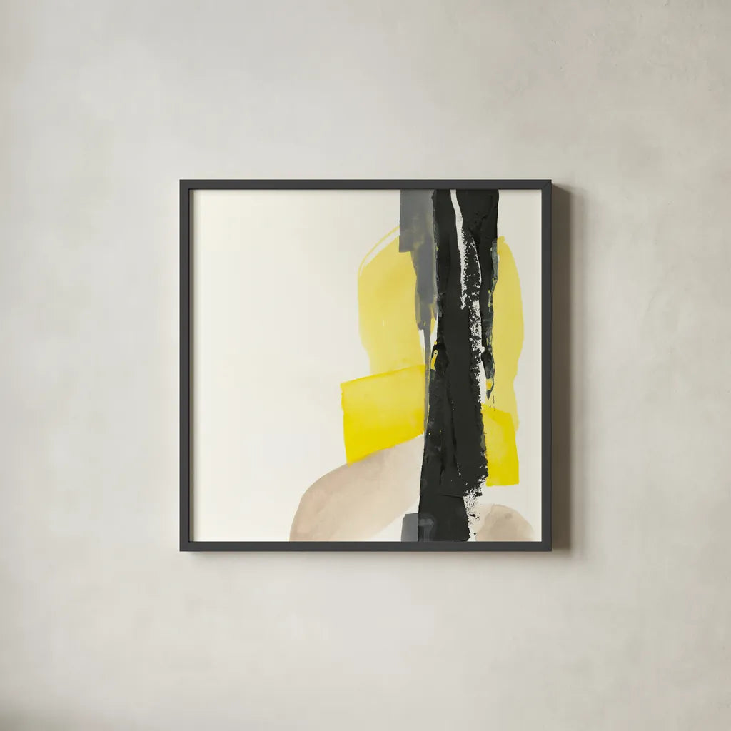 Black and Yellow I by Chris Paschke. Shown in a sleek black glass frame for a contemporary gallery look. Available as an archival giclee rolled canvas, fine art paper, or poster print. SKU 32533a.