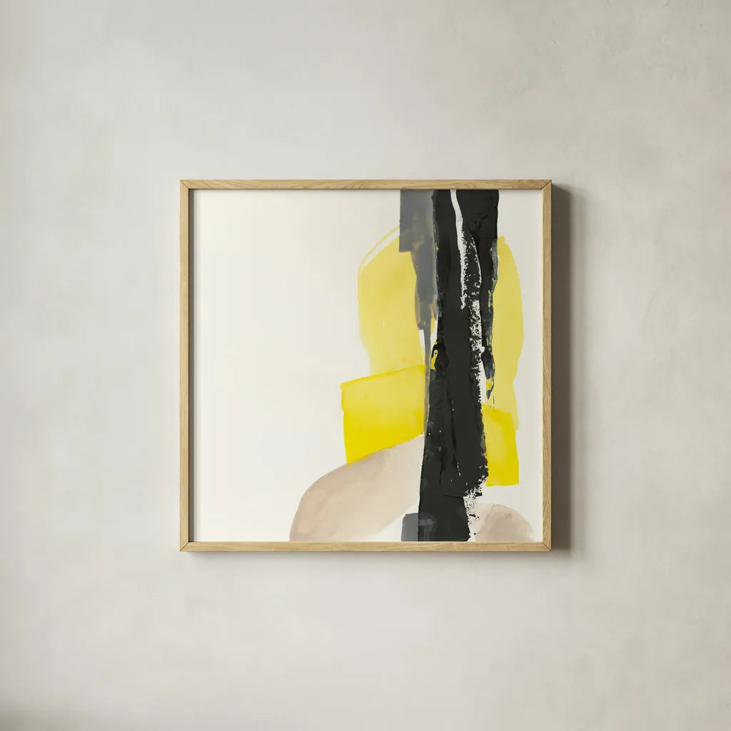 Black and Yellow I by Chris Paschke. Shown in a natural wood glass frame for a timeless modern aesthetic. Available as an archival giclee rolled canvas, fine art paper, or poster print. SKU 32533a.
