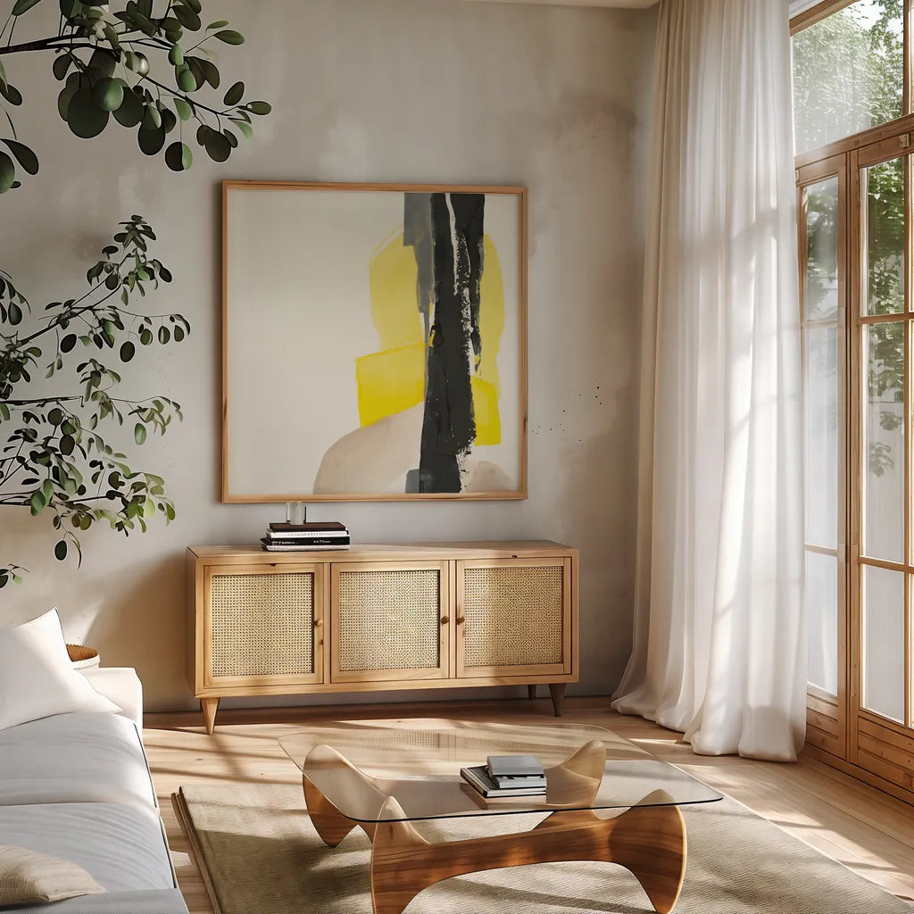 Black and Yellow I by Chris Paschke. Shown in a natural wood frame in a cozy modern living room. Available as an archival giclee rolled canvas, fine art paper, or poster print. SKU 32533a.