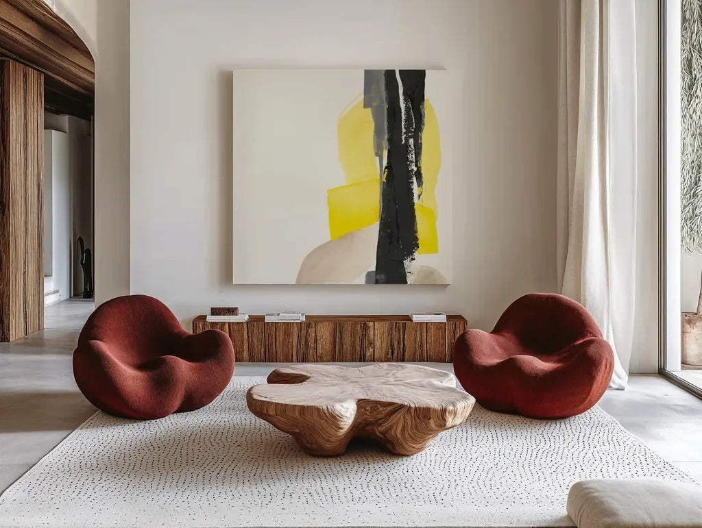 Black and Yellow I by Chris Paschke. Shown as extra-large giant wall art in a modern living room. Available as an archival giclee rolled canvas, fine art paper, or poster print. SKU 32533a.