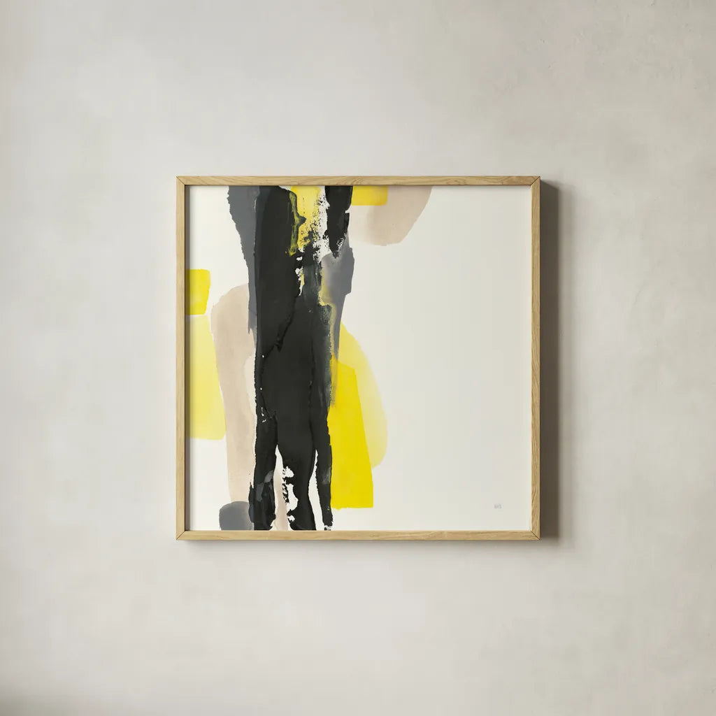 Black and Yellow II by Chris Paschke. Shown in a natural wood glass frame for a timeless modern aesthetic. Available as an archival giclee rolled canvas, fine art paper, or poster print. SKU 32534a.