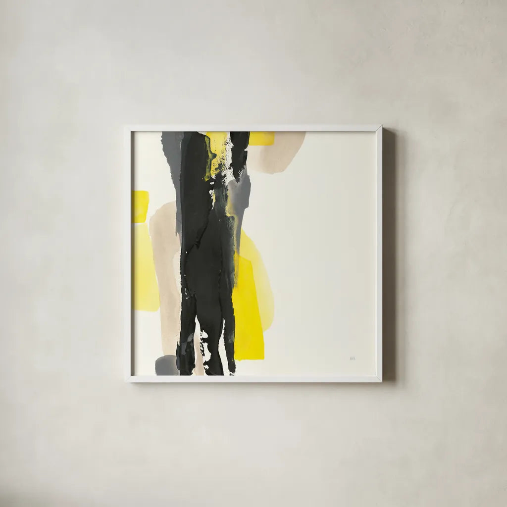 Black and Yellow II by Chris Paschke. Shown in a crisp white glass frame for a clean and minimalist style. Available as an archival giclee rolled canvas, fine art paper, or poster print. SKU 32534a.