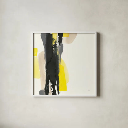 Black and Yellow II by Chris Paschke. Shown in a crisp white glass frame for a clean and minimalist style. Available as an archival giclee rolled canvas, fine art paper, or poster print. SKU 32534a.
