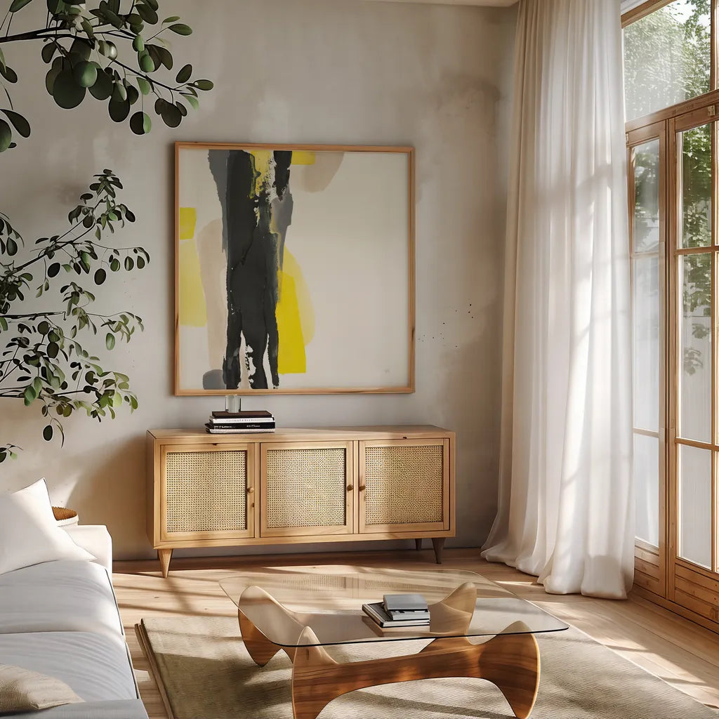 Black and Yellow II by Chris Paschke. Shown in a natural wood frame in a cozy modern living room. Available as an archival giclee rolled canvas, fine art paper, or poster print. SKU 32534a.