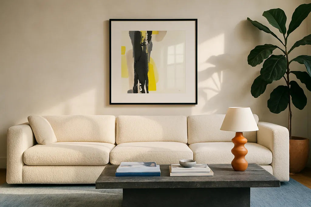 Black and Yellow II by Chris Paschke. Displayed in a glass frame with matte in a clean modern living room. Available as an archival giclee rolled canvas, fine art paper, or poster print. SKU 32534a.