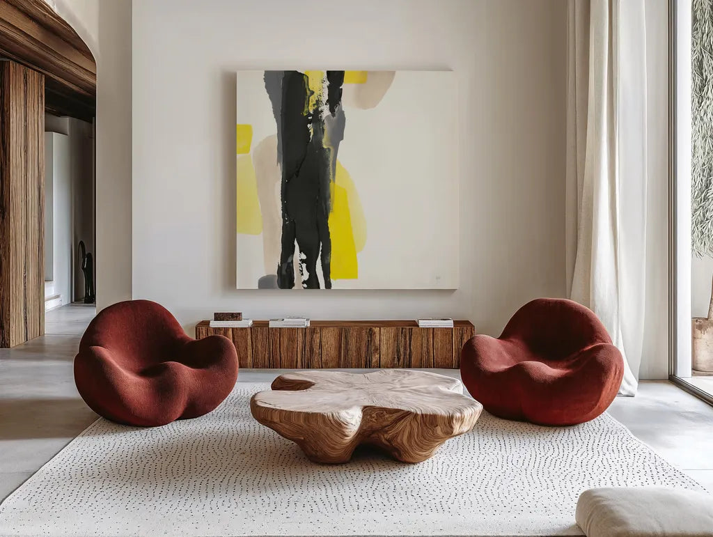 Black and Yellow II by Chris Paschke. Shown as extra-large giant wall art in a modern living room. Available as an archival giclee rolled canvas, fine art paper, or poster print. SKU 32534a.