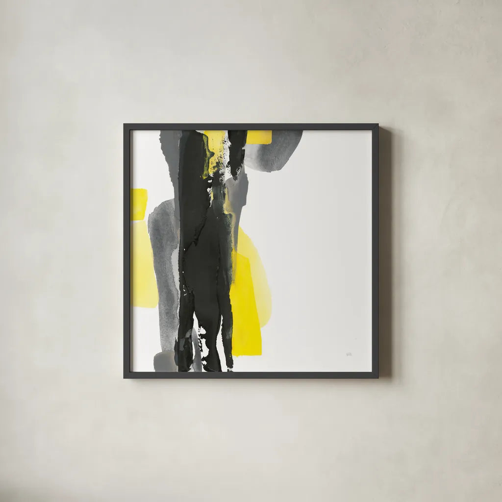 Black and Yellow II v2 by Chris Paschke. Shown in a sleek black glass frame for a contemporary gallery look. Available as an archival giclee rolled canvas, fine art paper, or poster print. SKU 38512a.