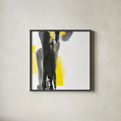 Black and Yellow II v2 by Chris Paschke. Shown in a sleek black glass frame for a contemporary gallery look. Available as an archival giclee rolled canvas, fine art paper, or poster print. SKU 38512a.