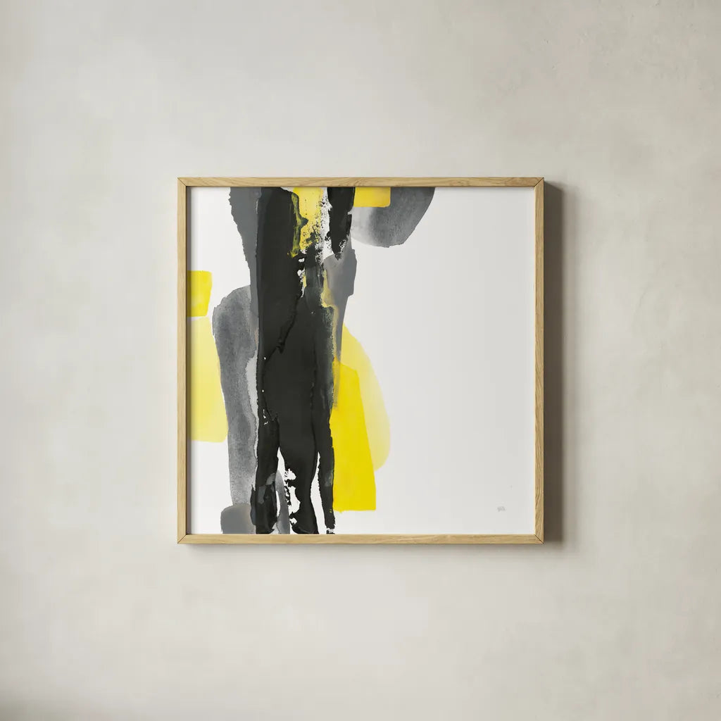 Black and Yellow II v2 by Chris Paschke. Shown in a natural wood glass frame for a timeless modern aesthetic. Available as an archival giclee rolled canvas, fine art paper, or poster print. SKU 38512a.