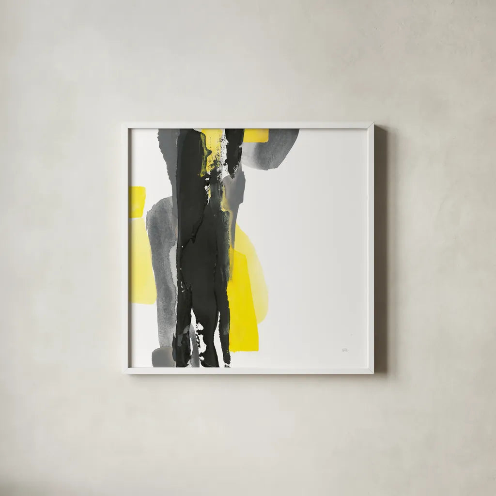 Black and Yellow II v2 by Chris Paschke. Shown in a crisp white glass frame for a clean and minimalist style. Available as an archival giclee rolled canvas, fine art paper, or poster print. SKU 38512a.