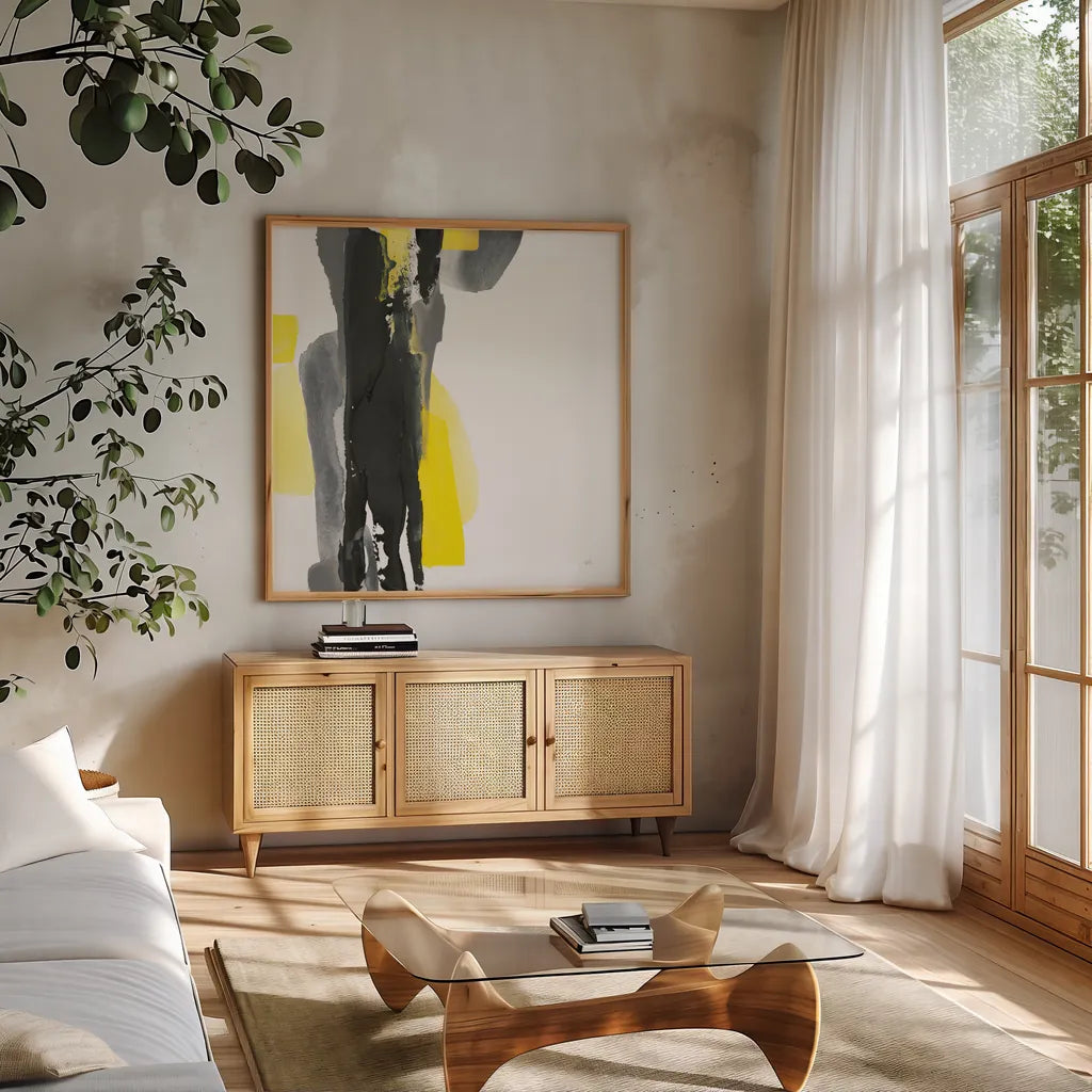 Black and Yellow II v2 by Chris Paschke. Shown in a natural wood frame in a cozy modern living room. Available as an archival giclee rolled canvas, fine art paper, or poster print. SKU 38512a.