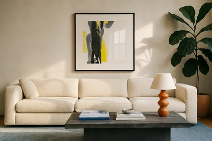 Black and Yellow II v2 by Chris Paschke. Displayed in a glass frame with matte in a clean modern living room. Available as an archival giclee rolled canvas, fine art paper, or poster print. SKU 38512a.