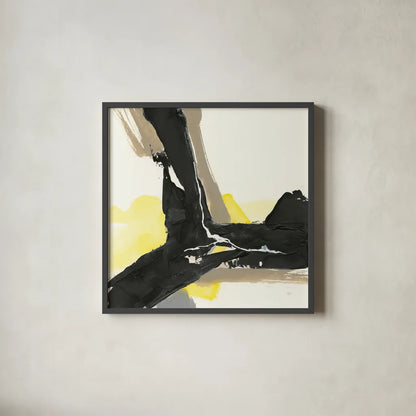 Black and Yellow III by Chris Paschke. Shown in a sleek black glass frame for a contemporary gallery look. Available as an archival giclee rolled canvas, fine art paper, or poster print. SKU 32535a.
