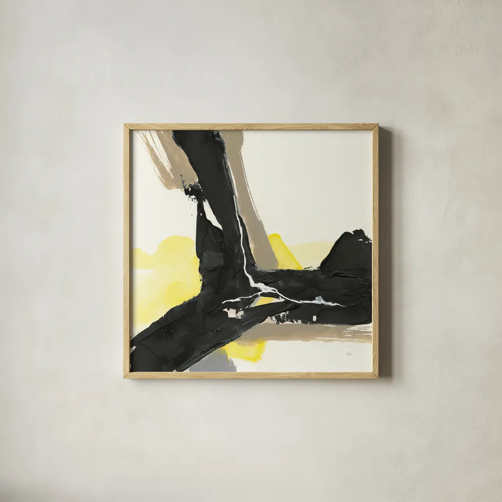 Black and Yellow III by Chris Paschke. Shown in a natural wood glass frame for a timeless modern aesthetic. Available as an archival giclee rolled canvas, fine art paper, or poster print. SKU 32535a.