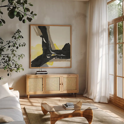 Black and Yellow III by Chris Paschke. Shown in a natural wood frame in a cozy modern living room. Available as an archival giclee rolled canvas, fine art paper, or poster print. SKU 32535a.