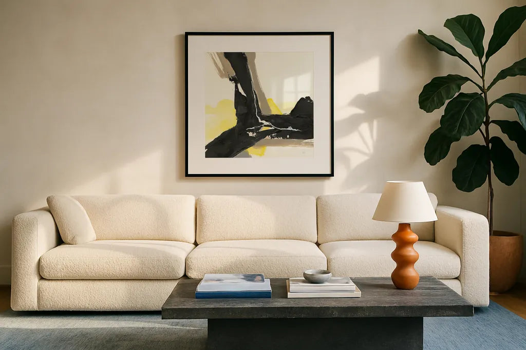Black and Yellow III by Chris Paschke. Displayed in a glass frame with matte in a clean modern living room. Available as an archival giclee rolled canvas, fine art paper, or poster print. SKU 32535a.