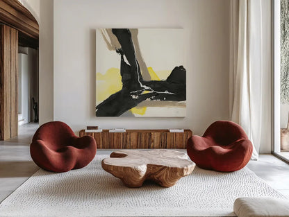 Black and Yellow III by Chris Paschke. Shown as extra-large giant wall art in a modern living room. Available as an archival giclee rolled canvas, fine art paper, or poster print. SKU 32535a.