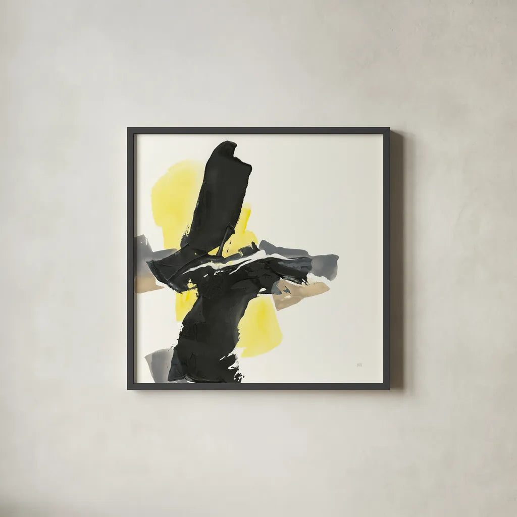 Black and Yellow IV by Chris Paschke. Shown in a sleek black glass frame for a contemporary gallery look. Available as an archival giclee rolled canvas, fine art paper, or poster print. SKU 32536a.