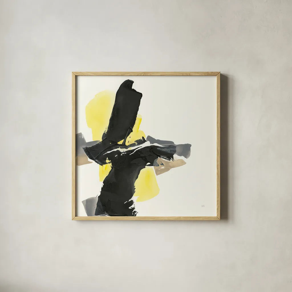 Black and Yellow IV by Chris Paschke. Shown in a natural wood glass frame for a timeless modern aesthetic. Available as an archival giclee rolled canvas, fine art paper, or poster print. SKU 32536a.