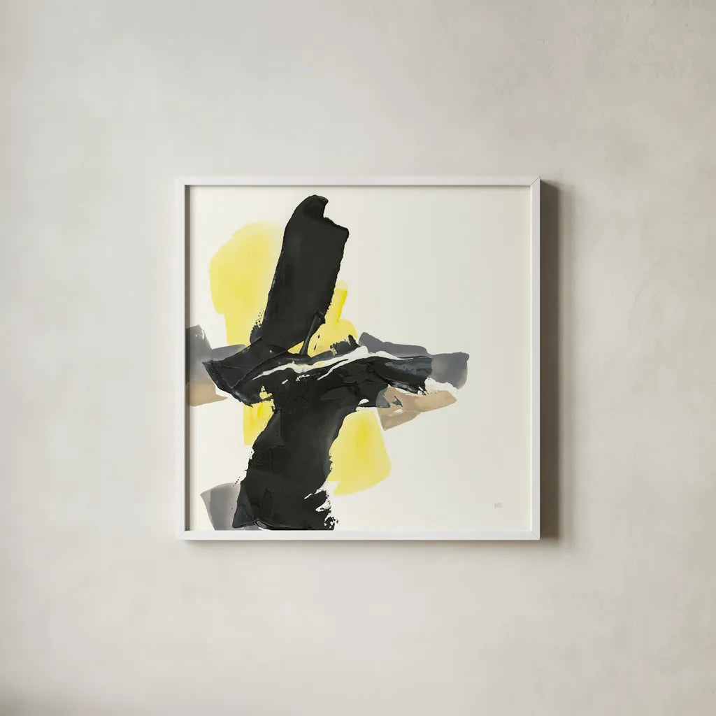 Black and Yellow IV by Chris Paschke. Shown in a crisp white glass frame for a clean and minimalist style. Available as an archival giclee rolled canvas, fine art paper, or poster print. SKU 32536a.