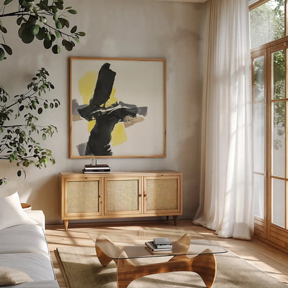 Black and Yellow IV by Chris Paschke. Shown in a natural wood frame in a cozy modern living room. Available as an archival giclee rolled canvas, fine art paper, or poster print. SKU 32536a.