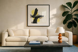 Black and Yellow IV by Chris Paschke. Displayed in a glass frame with matte in a clean modern living room. Available as an archival giclee rolled canvas, fine art paper, or poster print. SKU 32536a.